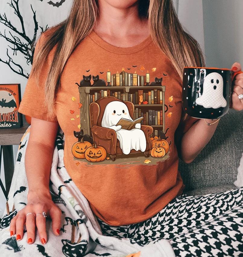 Halloween Ghost Reading Book PNG Cute Ghost Black Cat Bookshelf Book Lover Design image 1