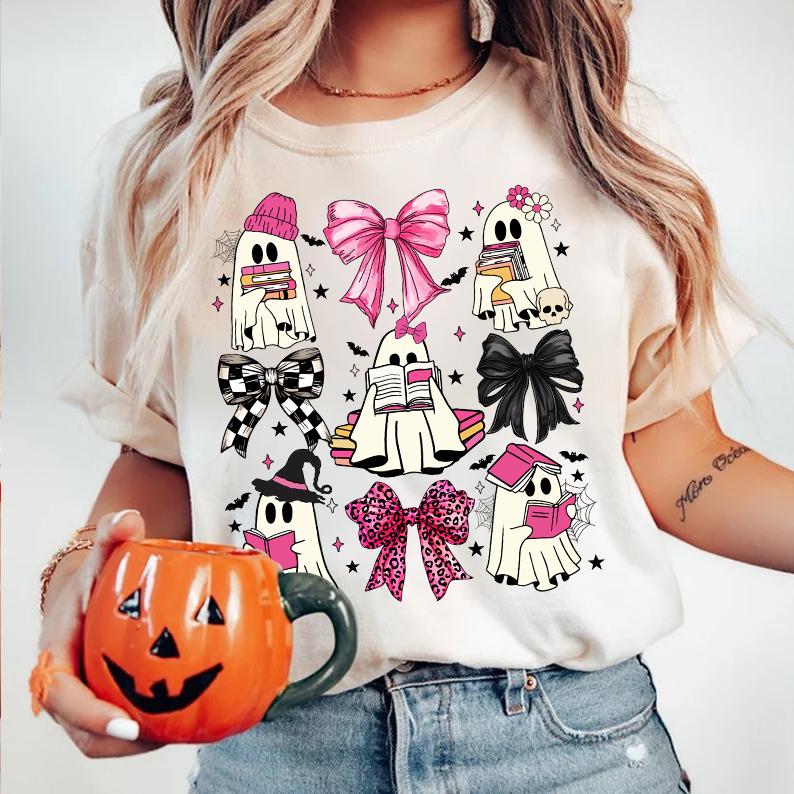 Cute Coquette Halloween PNG Pumpkin Ghost Reading Books Spooky Season Social Club Bow image 2