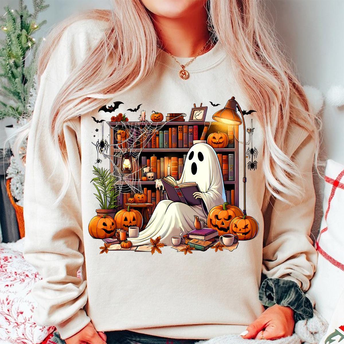 Halloween Ghost Library PNG for Teachers Book Lovers Book Club Reading Shirt image 1