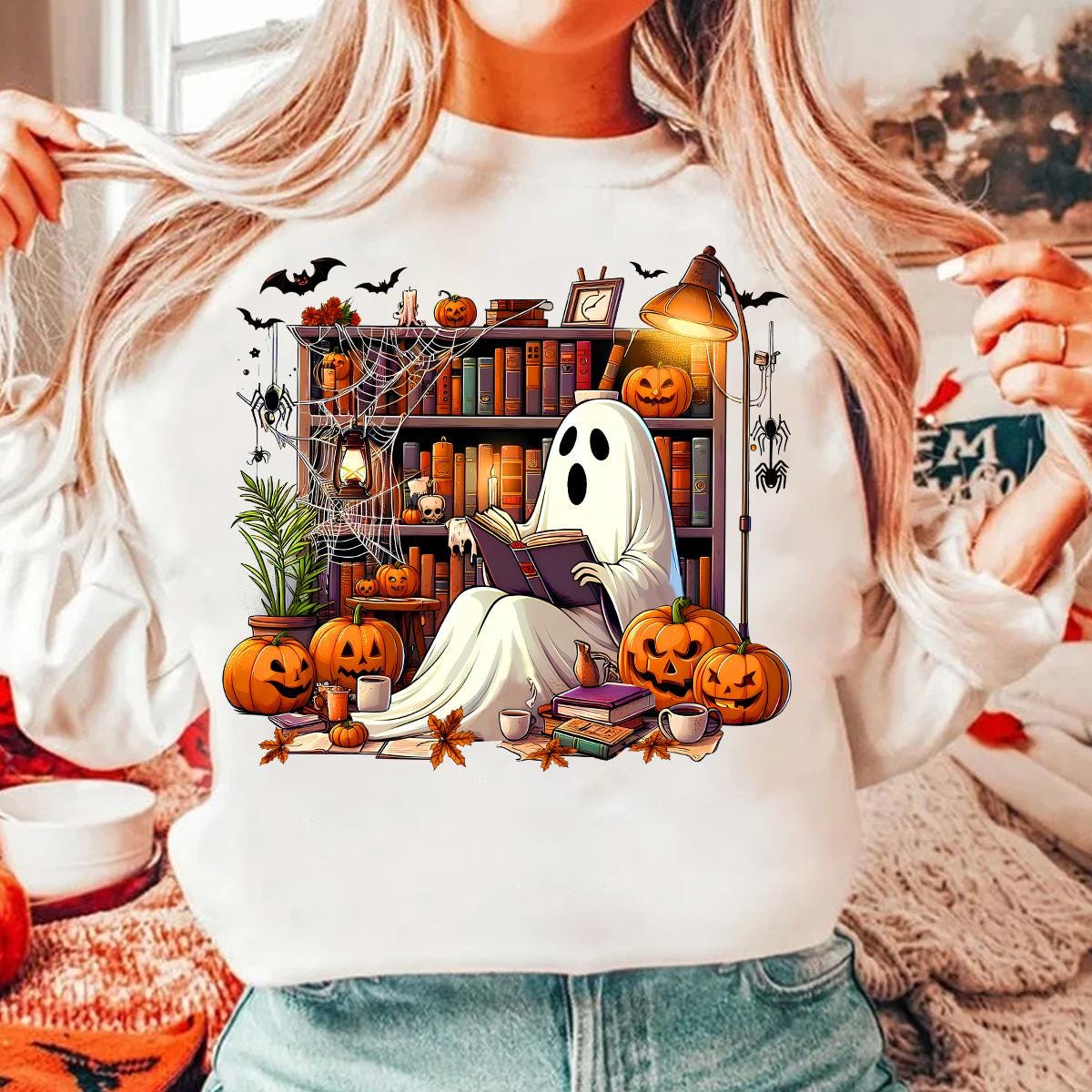 Halloween Ghost Library PNG for Teachers Book Lovers Book Club Reading Shirt image 2