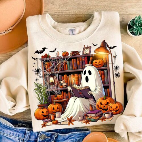 Halloween Ghost Library PNG for Teachers Book Lovers Book Club Reading Shirt image 0