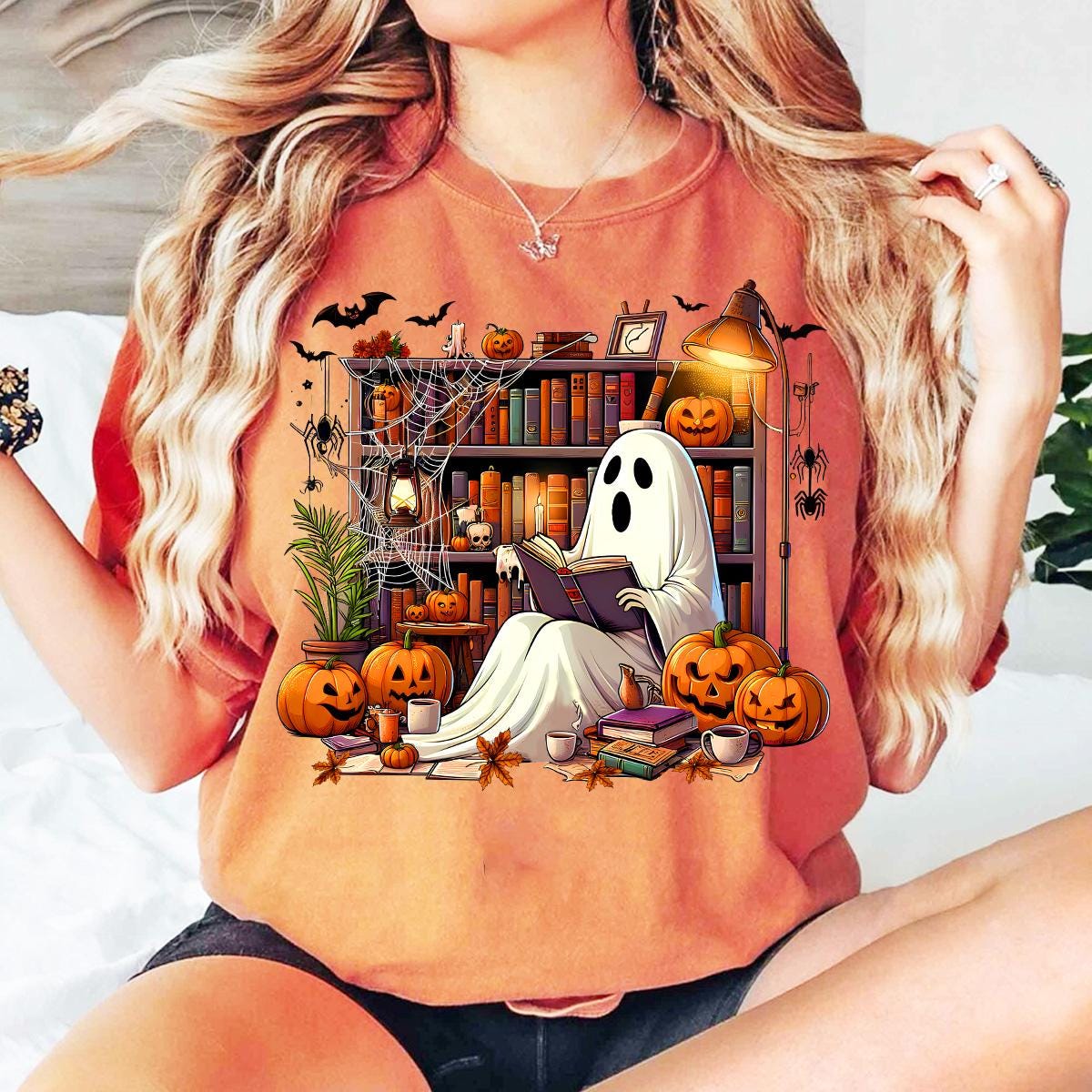 Halloween Ghost Library PNG for Teachers Book Lovers Book Club Reading Shirt image 4