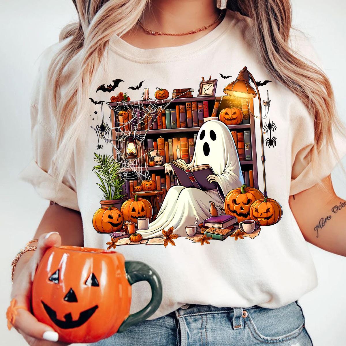 Halloween Ghost Library PNG for Teachers Book Lovers Book Club Reading Shirt image 5