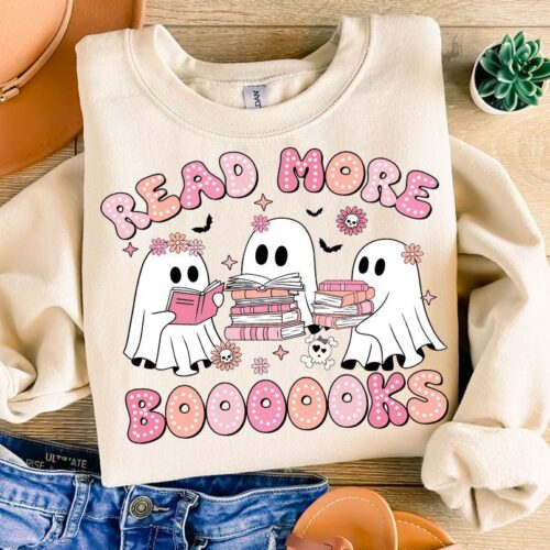 Read More Books Spooky Teacher Halloween PNG Shirt Retro Ghost Teacher Sublimation Design image 0