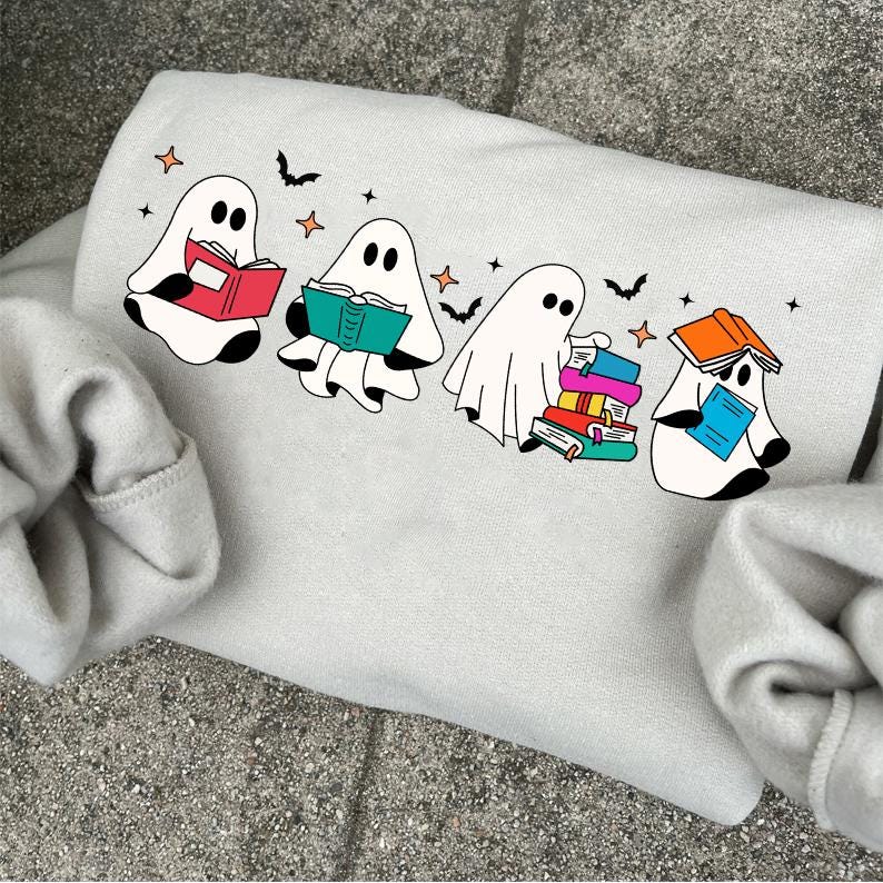 Ghost Reading Books PNG Spooky Teacher Halloween Design Funny Retro Teacher Sublimation image 1