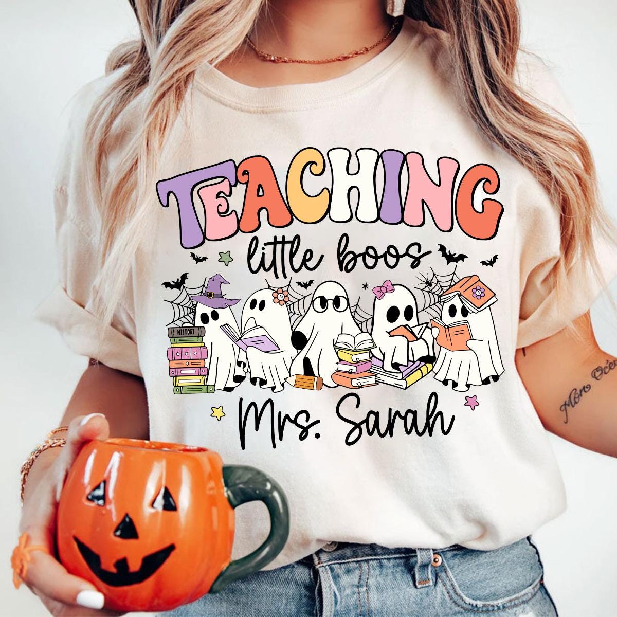 Teacher Halloween PNG Spooky Ghost Books PNG Retro Teacher PNG Teaching Little Boos Halloween Design image 5