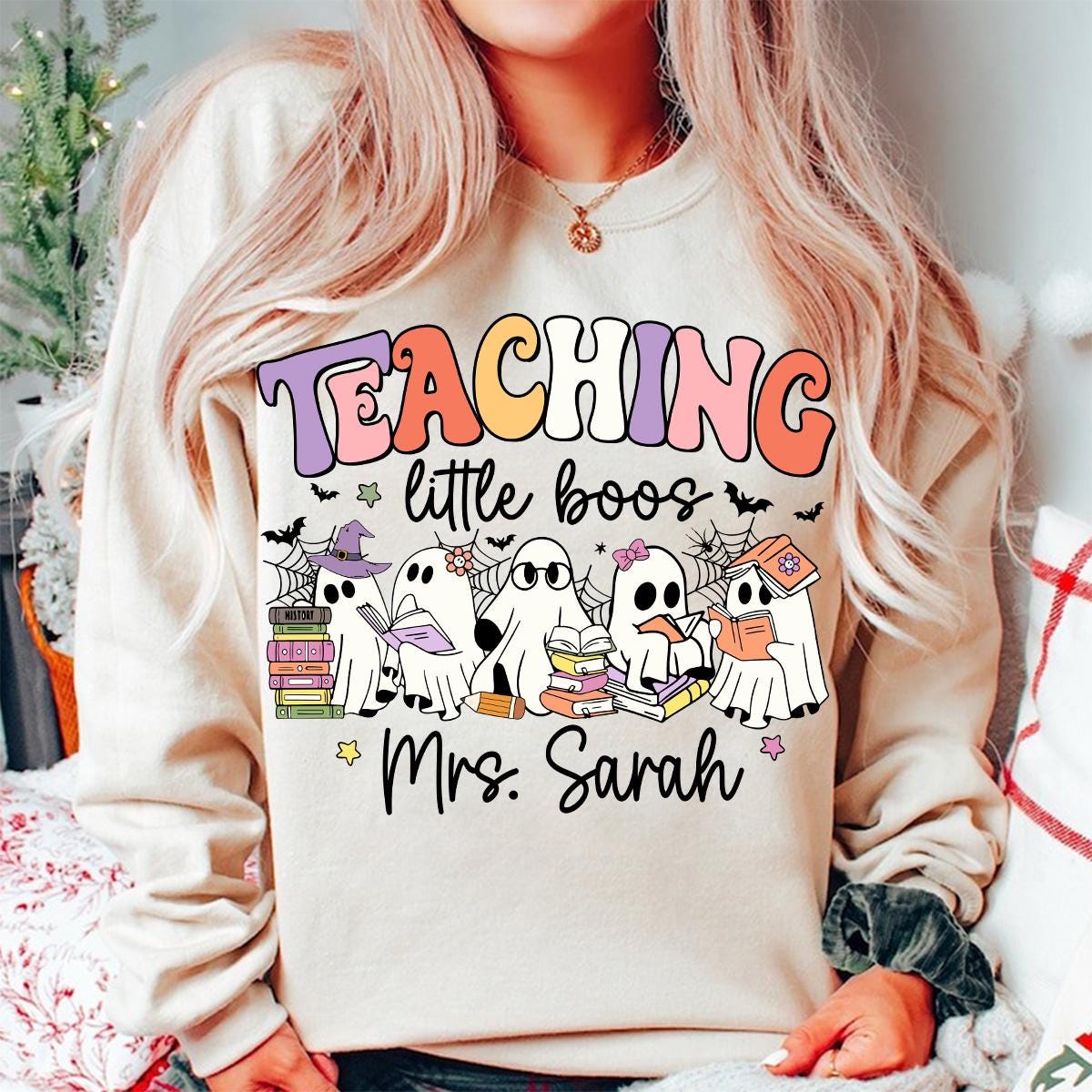 Teacher Halloween PNG Spooky Ghost Books PNG Retro Teacher PNG Teaching Little Boos Halloween Design image 2