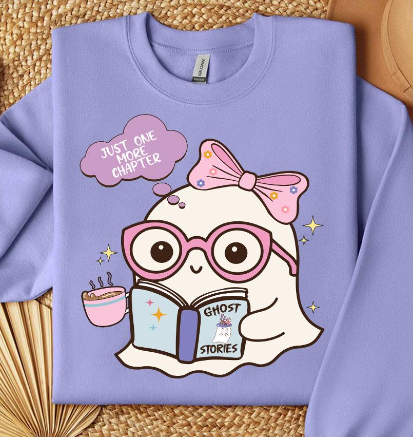 Cute Ghost Reading Book PNG Halloween Bookworm Art Kawaii Ghost Just One More Chapter image 3