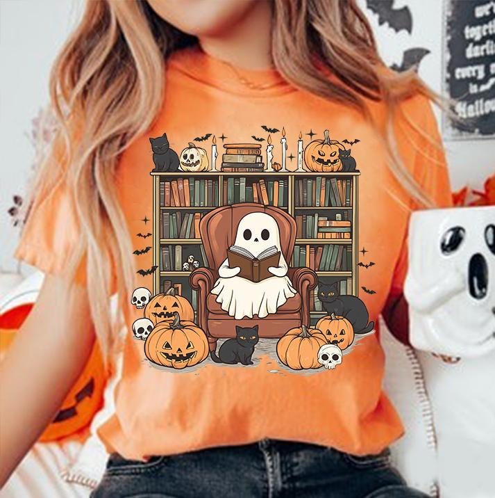 Halloween Ghost Reading Book PNG Cute Ghost & Black Cat Book Lover Bookshelf PNG image 2