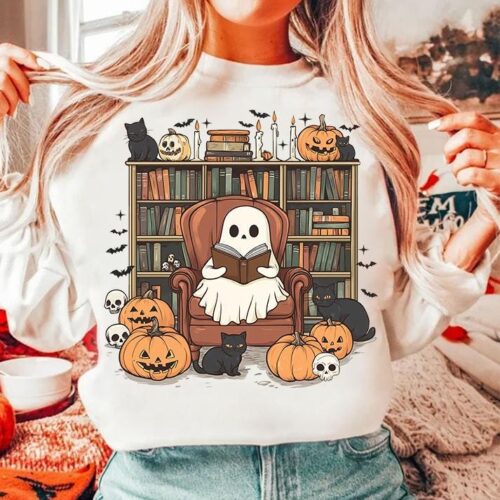 Halloween Ghost Reading Book PNG Cute Ghost & Black Cat Book Lover Bookshelf PNG image 0