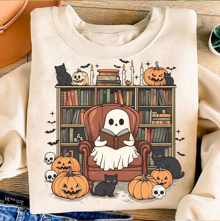 Halloween Ghost Reading Book PNG Cute Ghost & Black Cat Book Lover Bookshelf PNG image 1