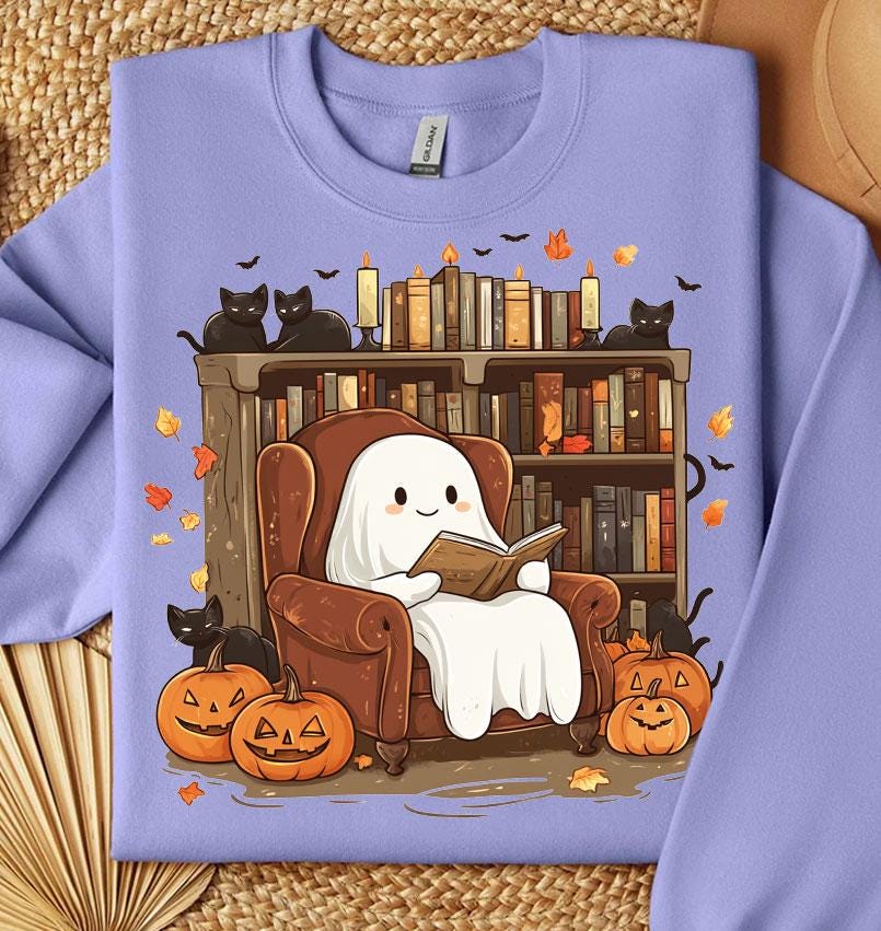 Halloween Ghost Reading Book PNG Cute Ghost Black Cat Bookshelf Book Lover Design image 2