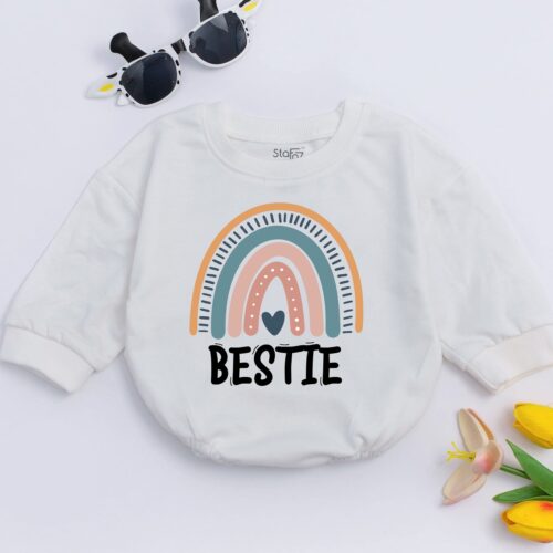 Besties Retro Baby Romper Cute Natural Bodysuit Minimalist Modern Rainbow Baby Shower Gift image 0