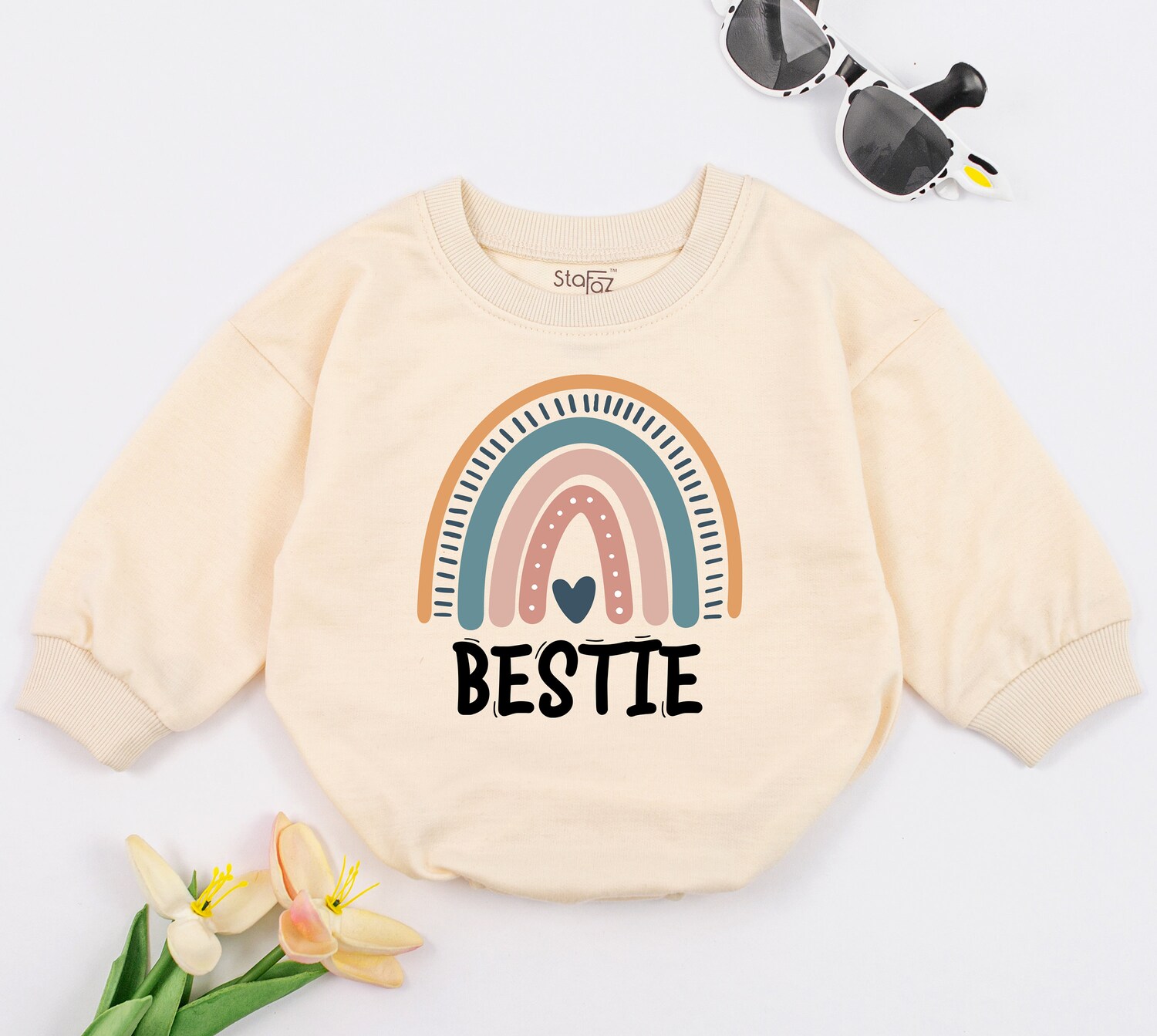 Besties Retro Baby Romper Cute Natural Bodysuit Minimalist Modern Rainbow Baby Shower Gift image 1