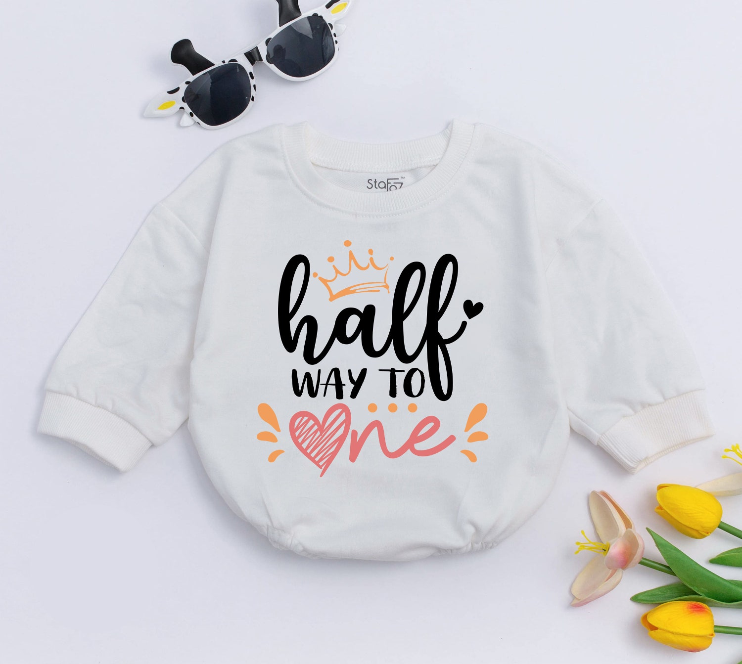 Halfway to One Birthday Baby Romper Cute Retro Six Month Baby Gift 1/2 Birthday Outfit image 1