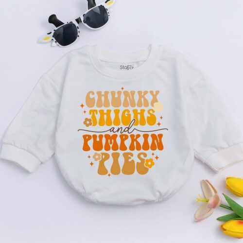 Baby Romper Fall Vibes Chunky Thighs and Pumpkin Pies Bodysuit Cute Thanksgiving Baby Outfit image 0