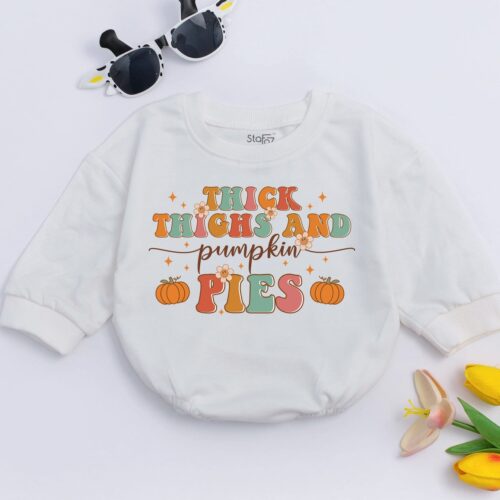 Thick Thighs And Pumpkin Pies Baby Romper Funny Retro Fall Bodysuit Thanksgiving Outfit image 0