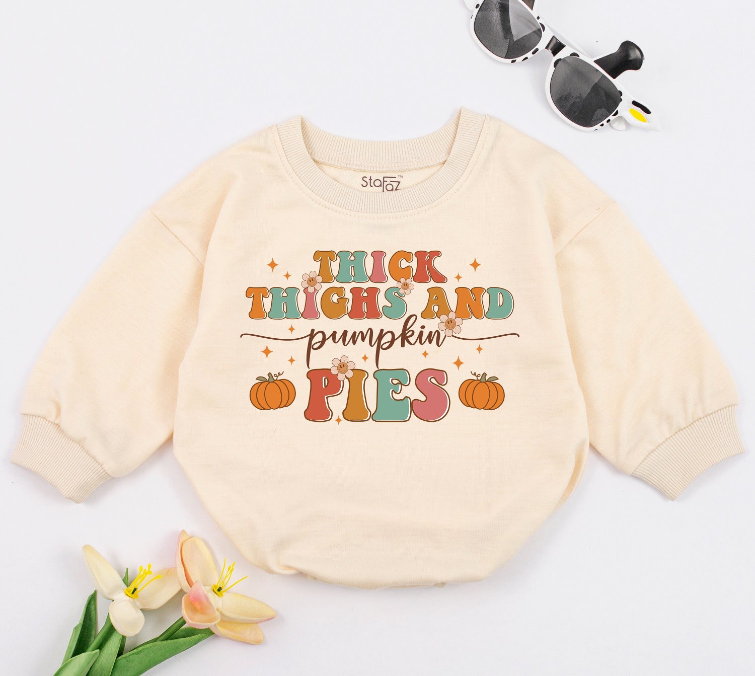 Thick Thighs And Pumpkin Pies Baby Romper Funny Retro Fall Bodysuit Thanksgiving Outfit image 1