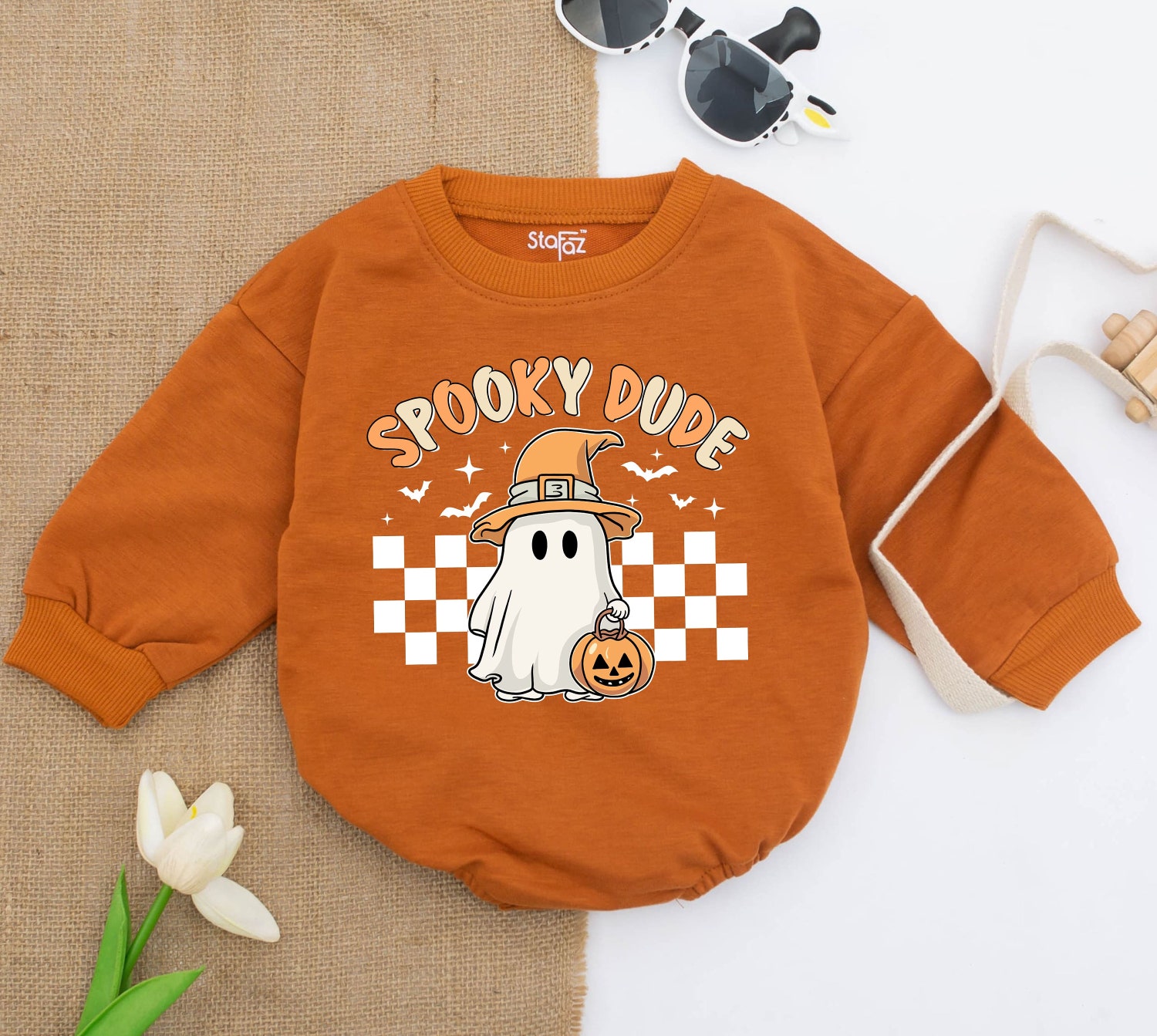 Spooky Dude Baby Romper Vintage Halloween Bodysuit Retro First Halloween Outfit image 2