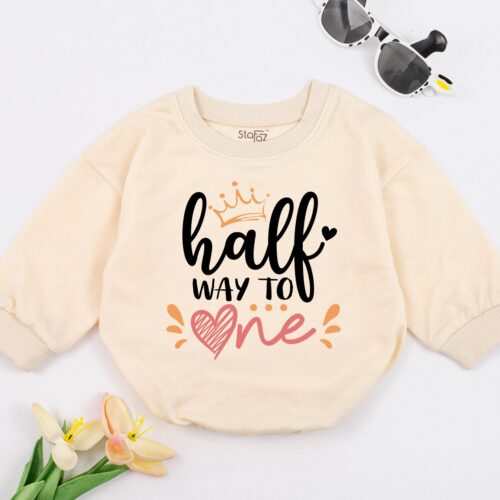 Halfway to One Birthday Baby Romper Cute Retro Six Month Baby Gift 1/2 Birthday Outfit image 0