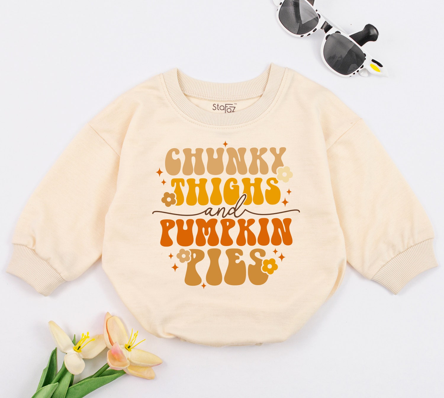 Baby Romper Fall Vibes Chunky Thighs and Pumpkin Pies Bodysuit Cute Thanksgiving Baby Outfit image 1