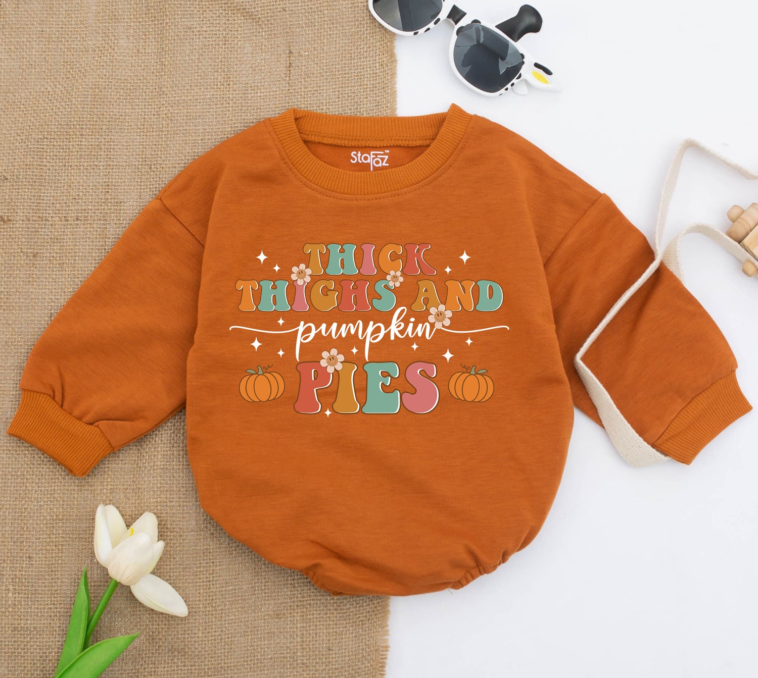 Thick Thighs And Pumpkin Pies Baby Romper Funny Retro Fall Bodysuit Thanksgiving Outfit image 2