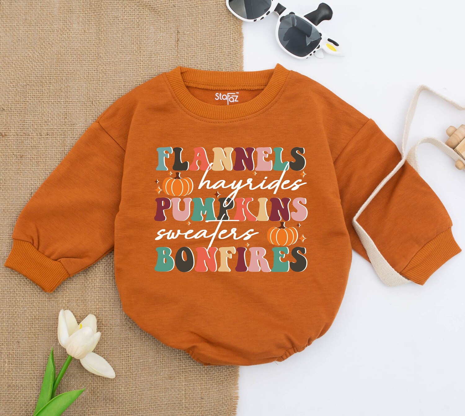 Fall Baby Romper Girls Outfit Pumpkins Hayrides Flannels Bonfires Long Sleeve Baby Shower Gift image 2