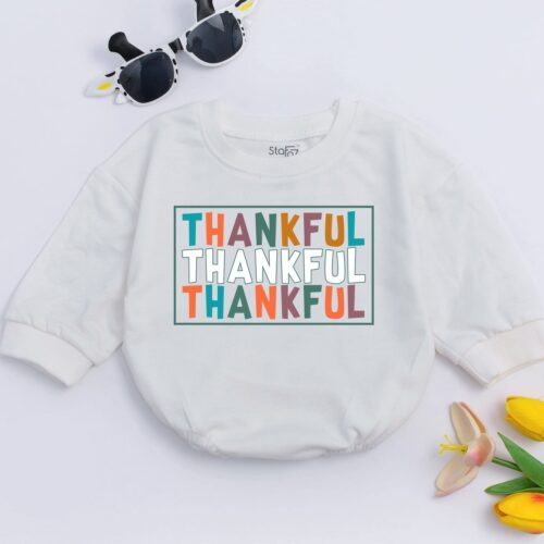 Thankful Baby Romper Thanksgiving Outfit Fall Baby Shower Gift Holiday Baby Announcement image 0