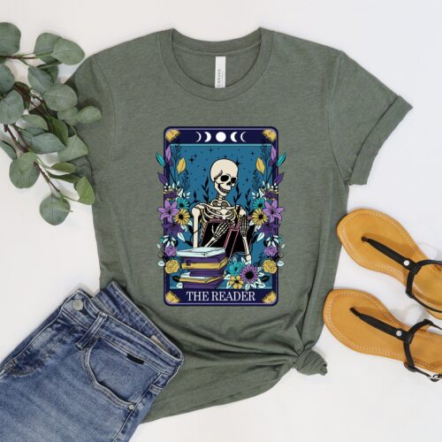 Tarot Card Reader Halloween Shirt Bookish Witchy Tee Skeleton Librarian Gift for Her image 0