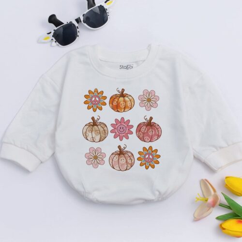 Pumpkin Season Baby Romper Retro Boho Fall Tee Cute Vintage Bodysuit Baby Outfit image 0