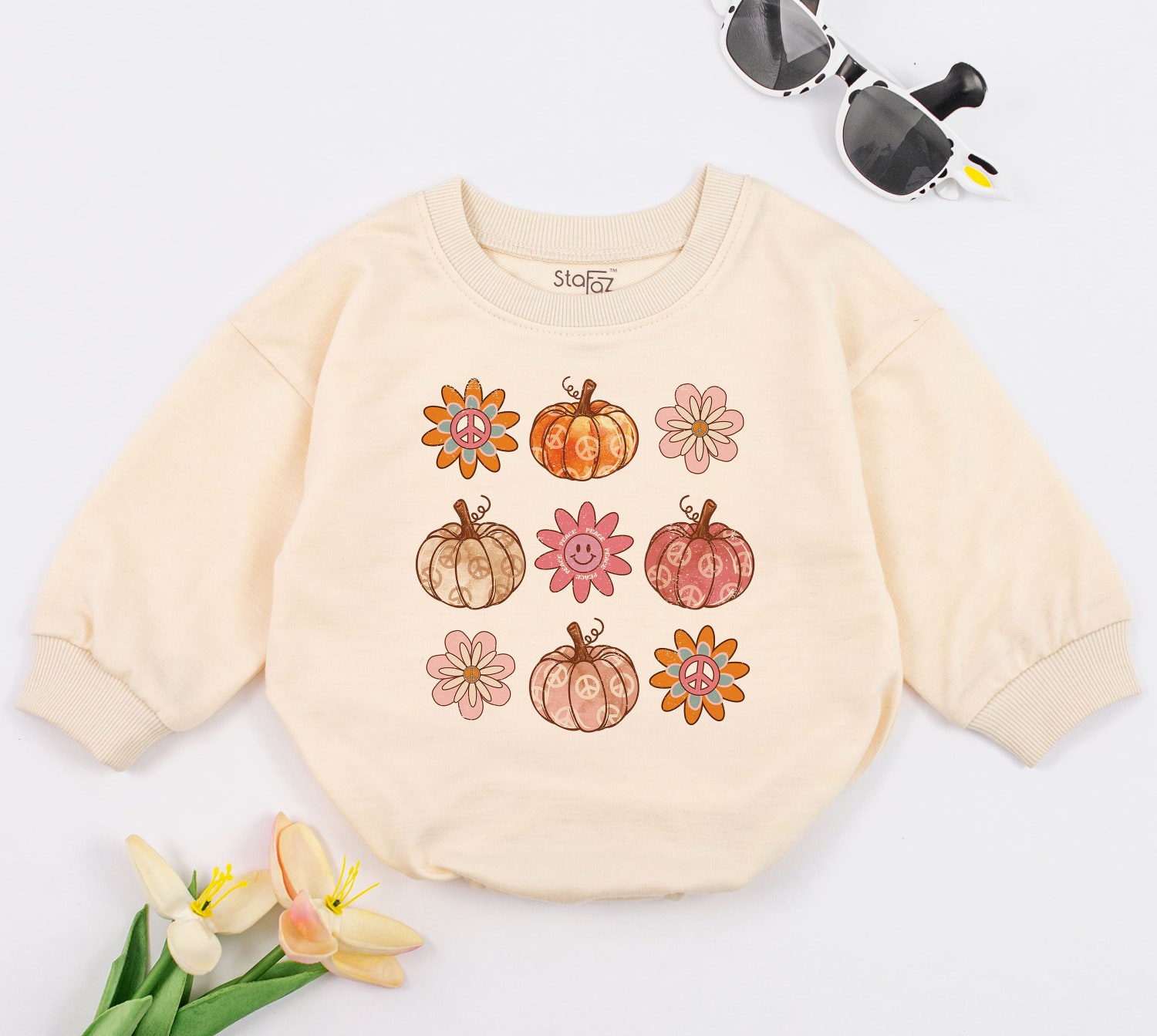 Pumpkin Season Baby Romper Retro Boho Fall Tee Cute Vintage Bodysuit Baby Outfit image 1