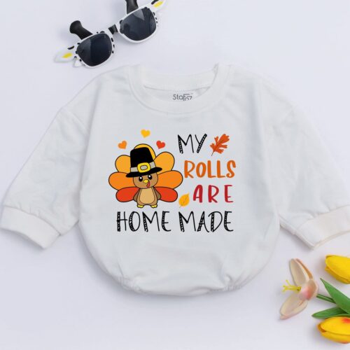 Homemade Rolls Baby Romper Thanksgiving Baby Bodysuit Fall Baby Clothes Infant Outfit image 0