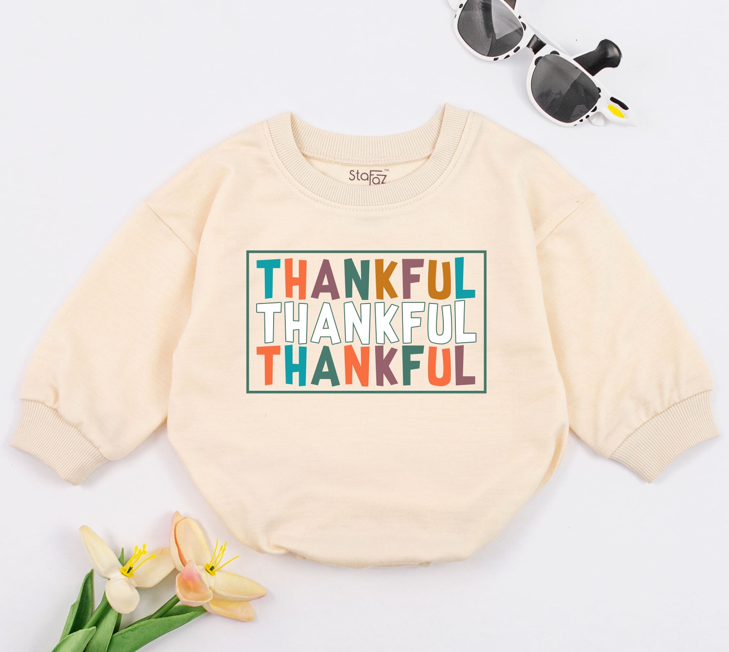 Thankful Baby Romper Thanksgiving Outfit Fall Baby Shower Gift Holiday Baby Announcement image 1