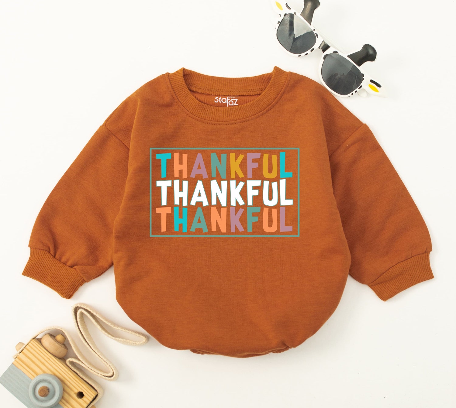 Thankful Baby Romper Thanksgiving Outfit Fall Baby Shower Gift Holiday Baby Announcement image 2