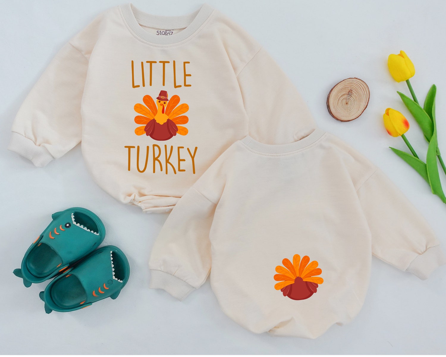 Thanksgiving Little Turkey Romper Infant Outfit for Fall Baby Shower or First Thanksgiving image 1