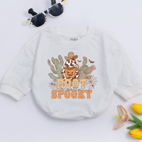 Boot Scootin Spooky Western Baby Romper Halloween Ghost Cowboy Cowgirl Newborn Outfit image 0