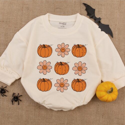 Retro Pumpkin Halloween Baby Romper Newborn Halloween Clothes First Halloween Outfit image 0