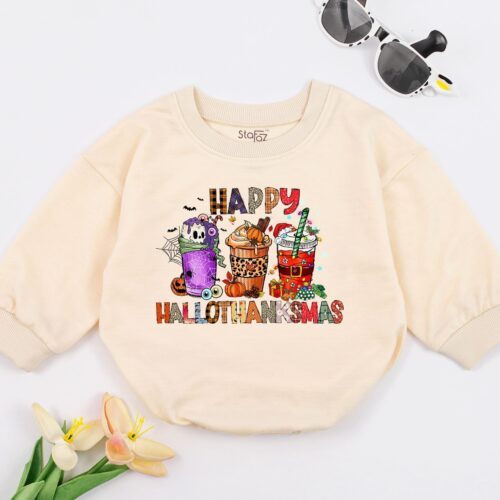 Happy Hallothanksmas Baby Romper Fall Halloween Christmas Baby Outfit Coffee Gift image 0