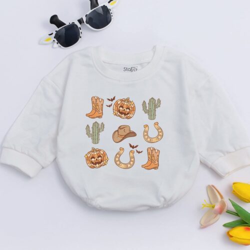 Howdy Pumpkin Cowboy Baby Romper Western Fall Baby Bodysuit 1st Halloween Outfit image 0