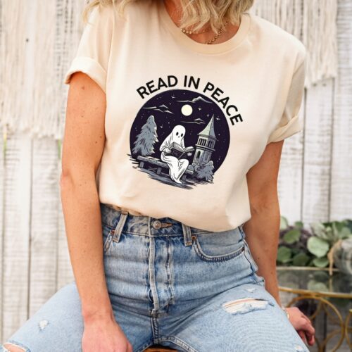 Book Lover Halloween Shirt Read In Peace Ghost Design Librarian Student Tee image 0