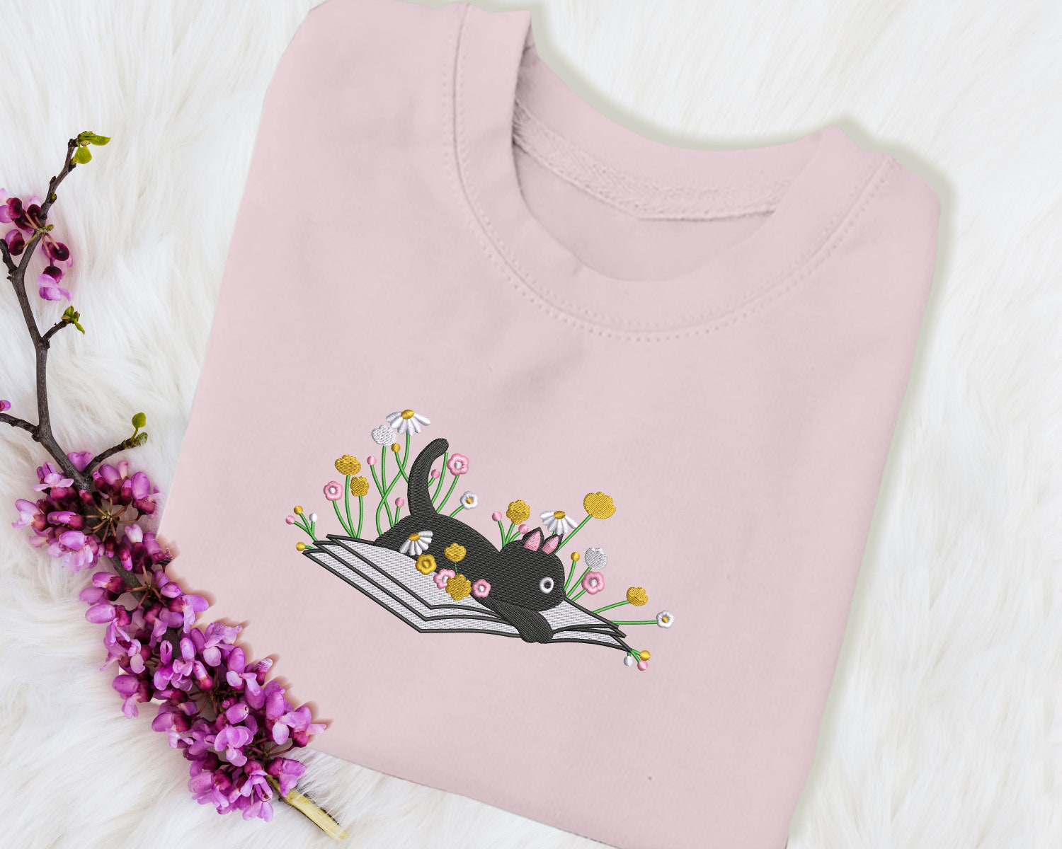 Cat Embroidered Sweatshirt Aesthetic Floral Book Cat Sweater Daisy Flower Vintage Design Cute Cat Lover Gift image 1