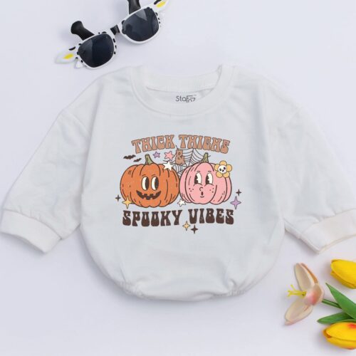 Thick Thighs Spooky Vibes Baby Romper Funny Retro Halloween Bodysuit Fall Baby Clothes image 0