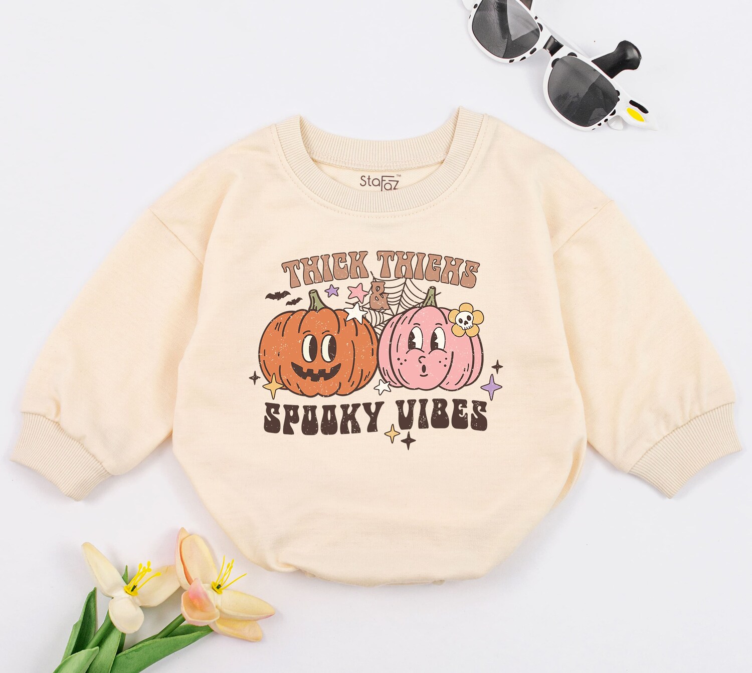 Thick Thighs Spooky Vibes Baby Romper Funny Retro Halloween Bodysuit Fall Baby Clothes image 1