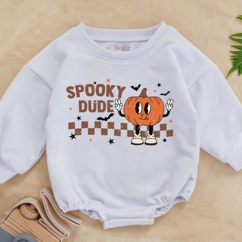 Spooky Dude Baby Romper Cute Fall Halloween Bodysuit Retro Checkered Ghost Babe Outfit image 0