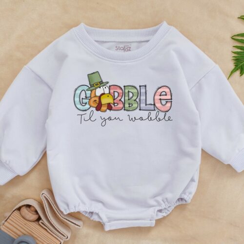 Thanksgiving Baby Romper Gobble Till You Wobble Funny Baby Outfit First Turkey Day image 0