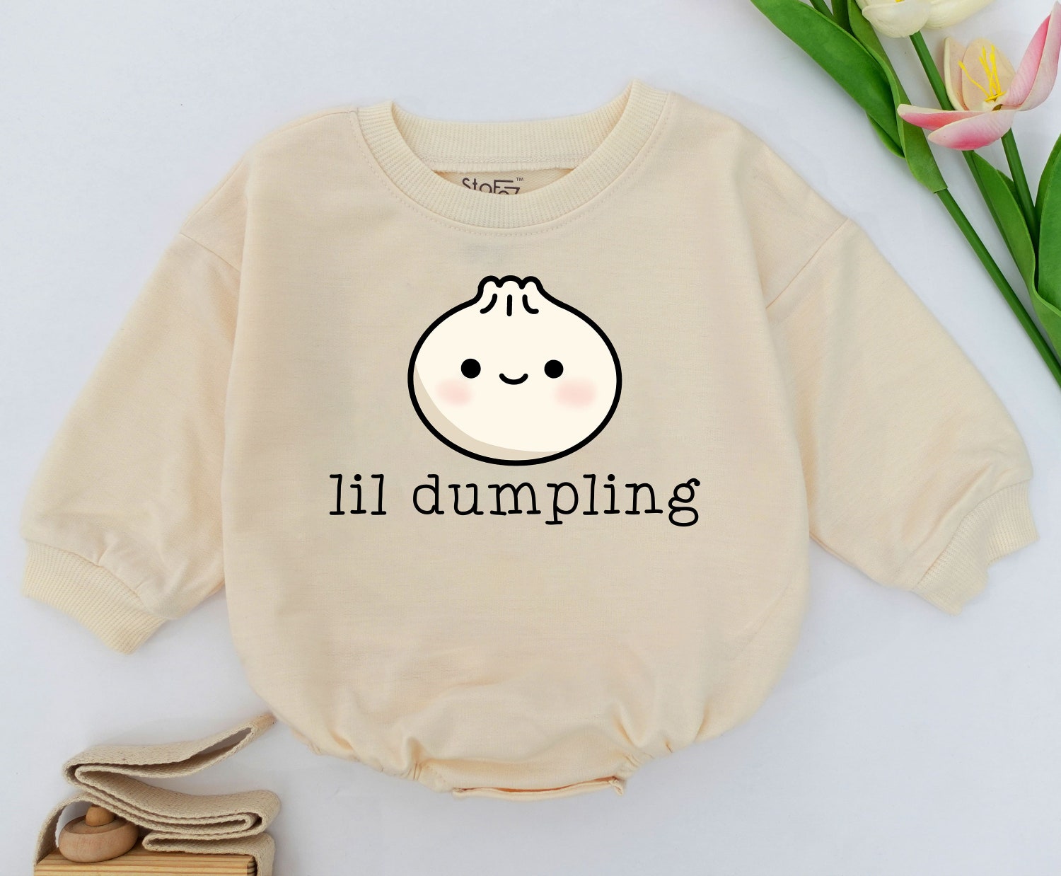 Lil Dumpling Baby Romper Vegan Baby Bodysuit Cute Food Themed Baby Shower Gift image 1