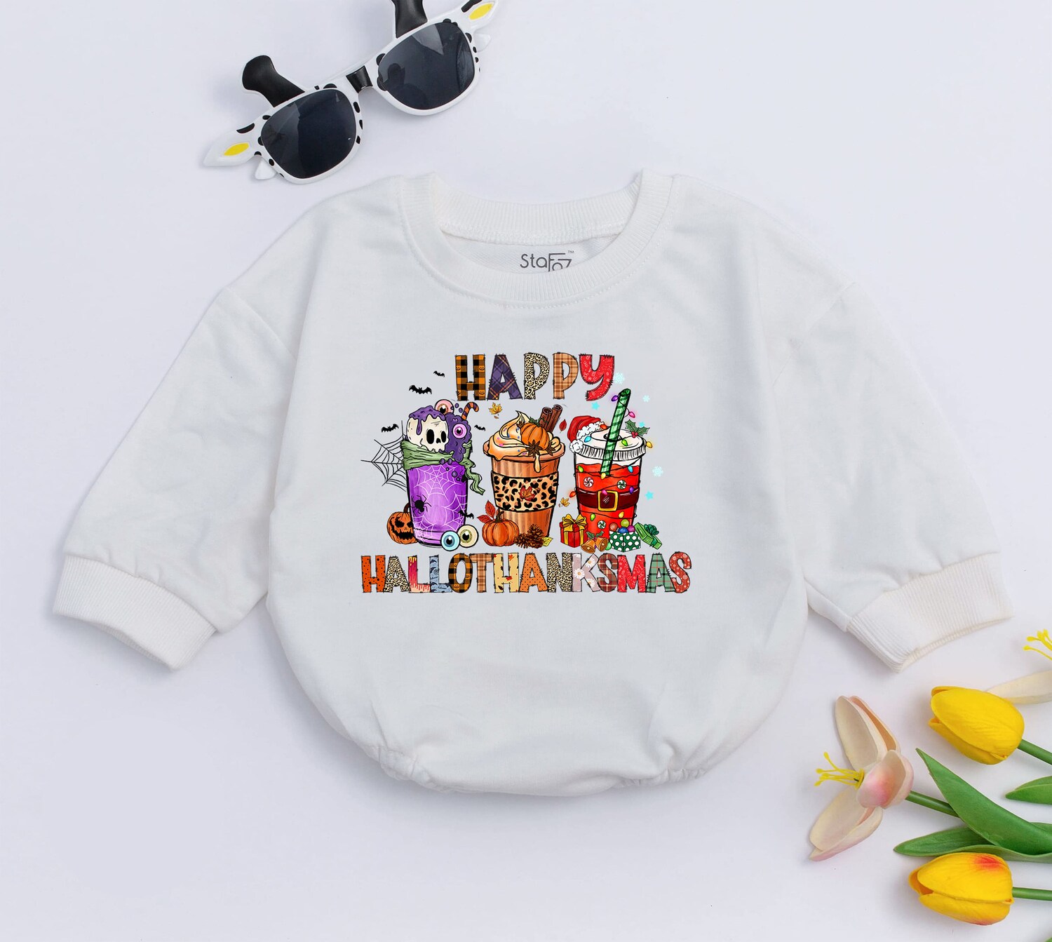 Happy Hallothanksmas Baby Romper Fall Halloween Christmas Baby Outfit Coffee Gift image 1