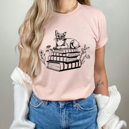 Black Cat Book T-Shirt for Women Cute Kitty Cat Mom Gifts Floral Book Art Shirt image 0