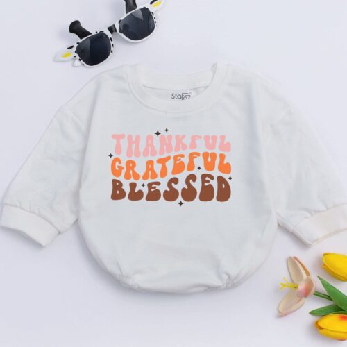 Thankful Grateful Blessed Baby Romper Fall Pregnancy Announcement Outfit for Thanksgiving image 0