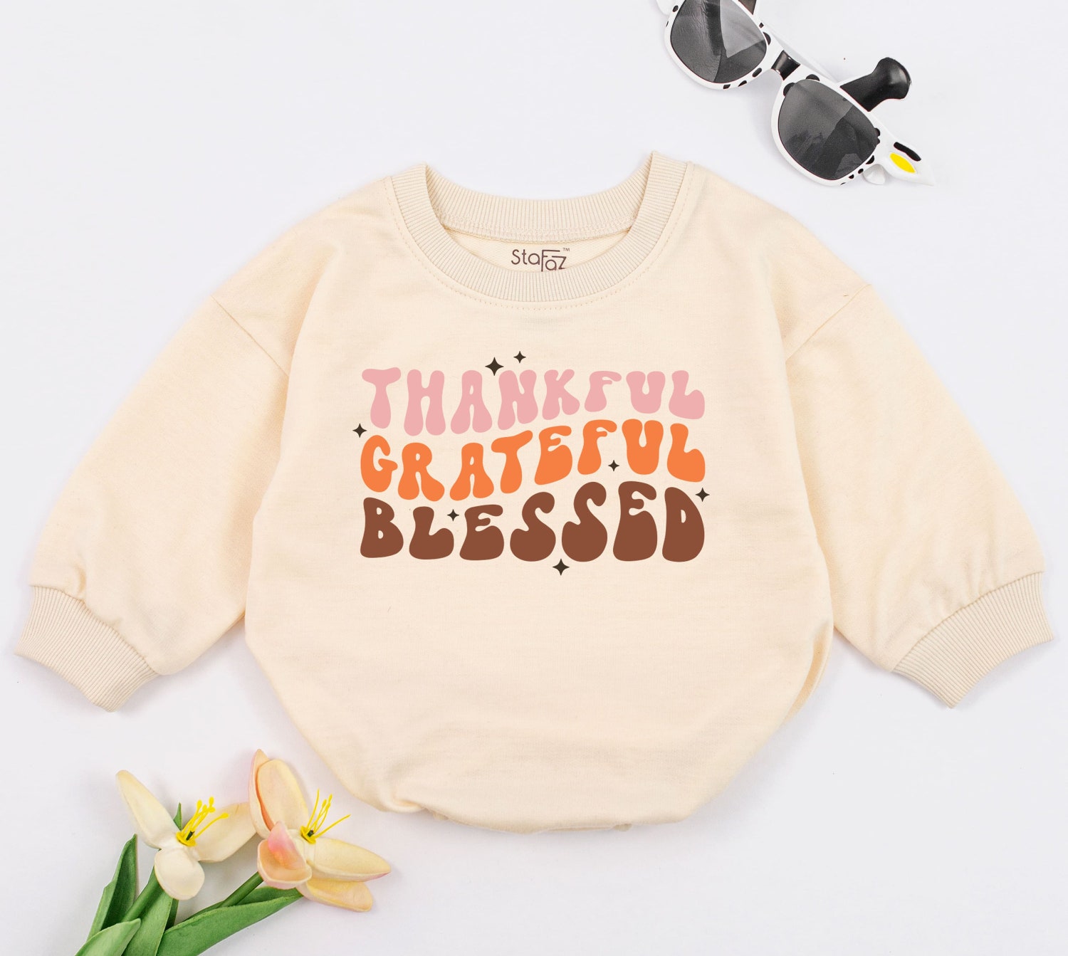 Thankful Grateful Blessed Baby Romper Fall Pregnancy Announcement Outfit for Thanksgiving image 1